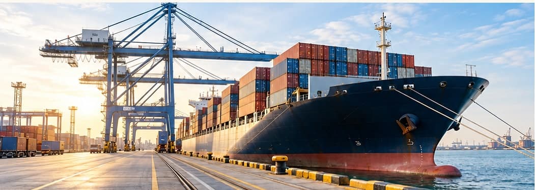Container terminal with a berthed cargo vessel