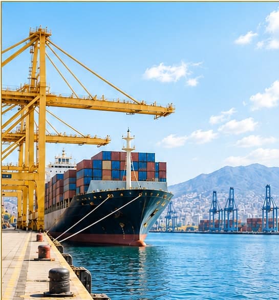 Container ship berthed under gantry cranes